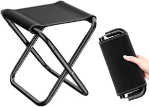 Portable Folding Backpack Stool – Compact Oxford Pocket Chair with Shoulder Strap for Camping, Fishing, Picnics – Carbon Steel Frame, 2 Sizes (Small 26×23×24cm / Large 31×23×29cm), Black/Khaki(Black,L