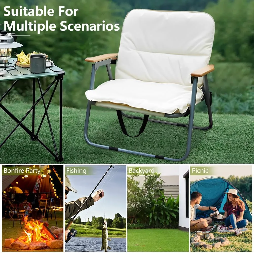 Portable Folding Camping Chair, Heavy Duty Single Outdoor Camping Chair, Wooden Armrests, with Seat Cushion, Suitable for Outdoor Fishing, Travel, Lawn, Camping, Hiking, Khaki