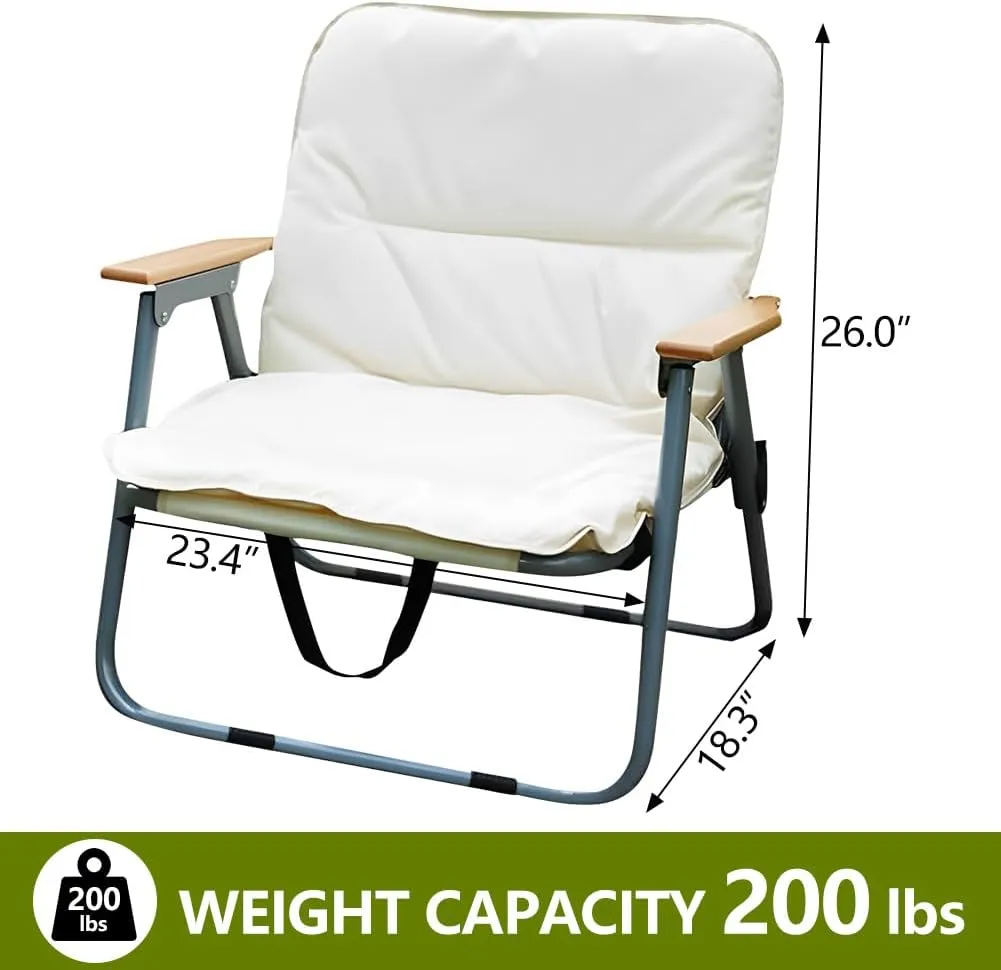 Portable Folding Camping Chair, Heavy Duty Single Outdoor Camping Chair, Wooden Armrests, with Seat Cushion, Suitable for Outdoor Fishing, Travel, Lawn, Camping, Hiking, Khaki