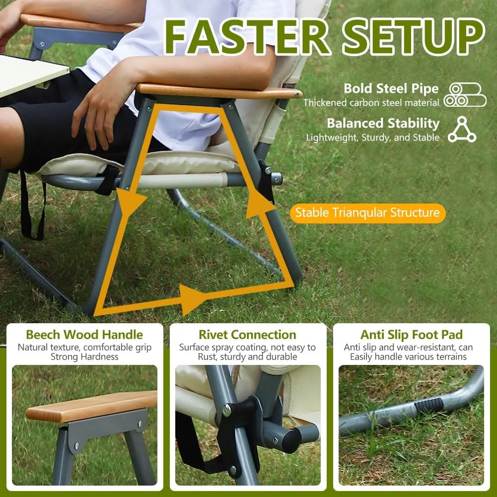 Portable Folding Camping Chair, Heavy Duty Single Outdoor Camping Chair, Wooden Armrests, with Seat Cushion, Suitable for Outdoor Fishing, Travel, Lawn, Camping, Hiking, Khaki