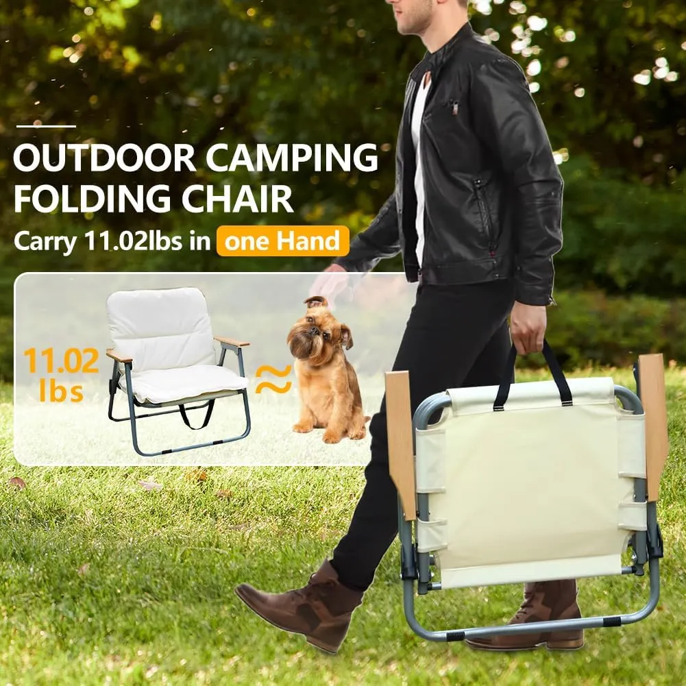Portable Folding Camping Chair, Heavy Duty Single Outdoor Camping Chair, Wooden Armrests, with Seat Cushion, Suitable for Outdoor Fishing, Travel, Lawn, Camping, Hiking, Khaki