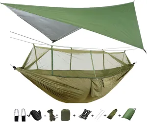 Portable Hammock Lightweight Portable Camping Hammock and Tent Awning Rain Fly Tarp Waterproof Mosquito Net Hammock Canopy Nylon Hammocks (Color : Green and Camouflage) (Green and Green)
