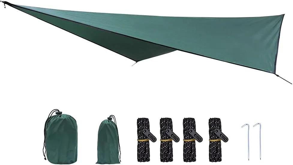 Portable Multifunctional Outdoor Camping Traveling Awning, 210T Polyester Fabric Rhombic Sun Proof Camping Ground Mat Tent Hammock Awning (Dark Green)