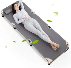 Portable Recliner Folding Camping Bed Adjustable 4 Angles Deadweight 200kg Steel Tube Frame with Headrest Lunch Break, Office Leisure (Color : Gray)