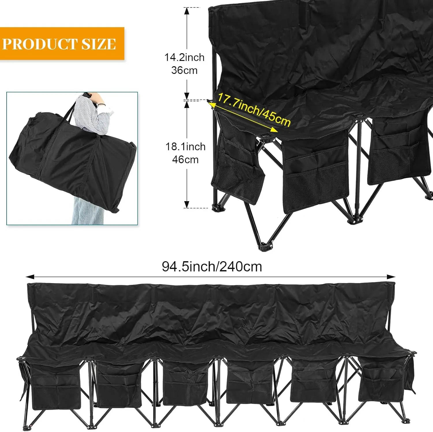 Portable Soccer Bench Chairs Foldable Team Sports Bench with Pockets and Carrying Bag for Sports Team Camping Soccer Basketball Football Practice Games