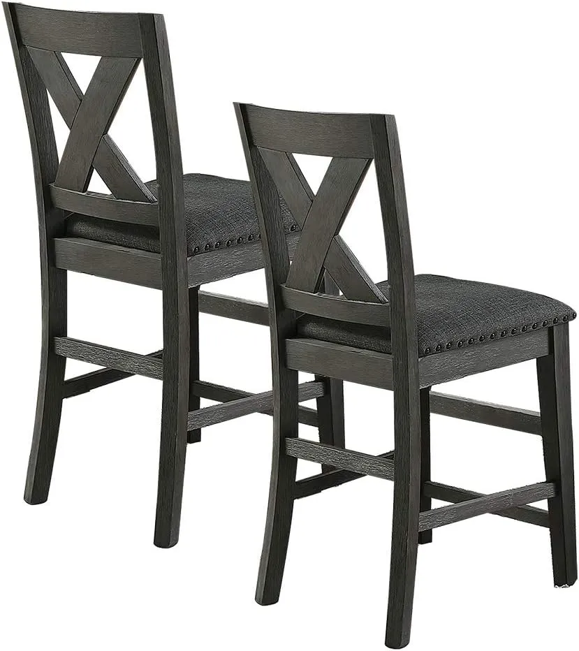 Poundex, Dark Grey Linen-Fabric and Wood Counter Hight Chairs with X-Cross Back