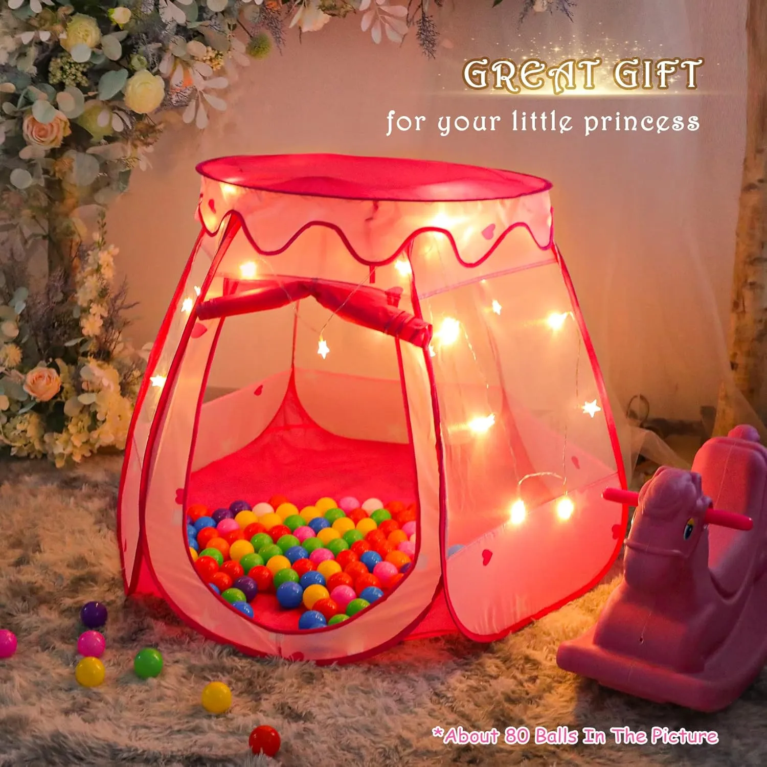 Princess Tent Girls Kids Playhouse Pop Up Play Tent with Star Light Tent for Kids Ball Pit Toys for 1,2,3 Years Girl Birthday Gift for Indoor Outdoor Toddler Girl Gift, Easy to Pop Up and Assemble