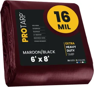 PROTARP Extra Heavy Duty 16 Mil Tarp Cover, Waterproof, UV Resistant, Rip and Tear Proof, Poly Tarpaulin with Reinforced Edges for Roof, Camping, Patio, Pool, Boat. (Maroon/Black 6′ X 8′)