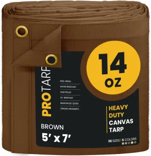 PROTARP Heavy Duty 14 OZ Water Resistant Canvas Tarp, UV Resistant Tarpaulin Cover with Rustproof Brass Grommets, Multipurpose for Canopy, Roof, Camping, Woodpile (Brown 5'X7')