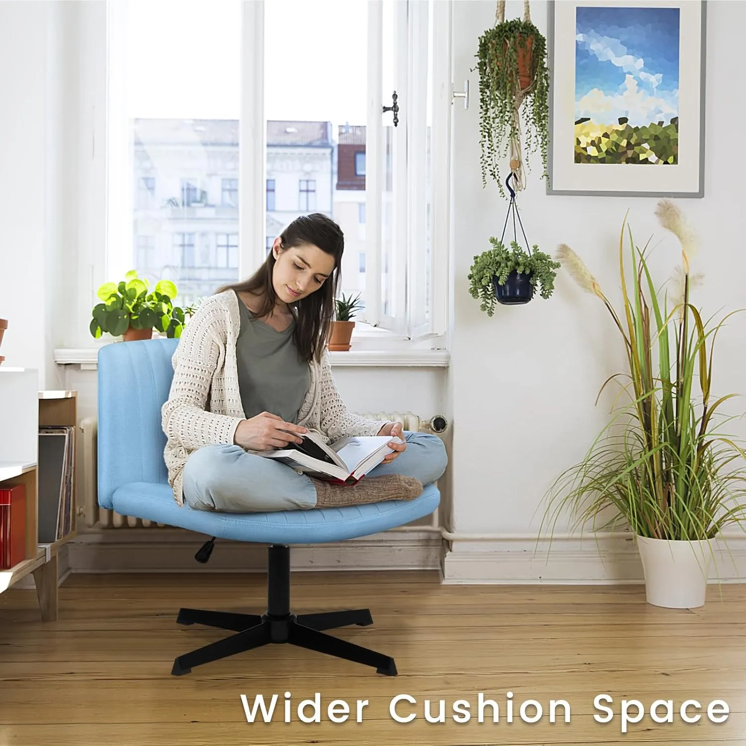 PUKAMI Criss Cross Chair,Armless Cross Legged Office Desk Chair No Wheels,Fabric Padded Modern Swivel Height Adjustable Mid Back Wide Seat Computer Task Vanity Chair for Home Office (Light Blue)