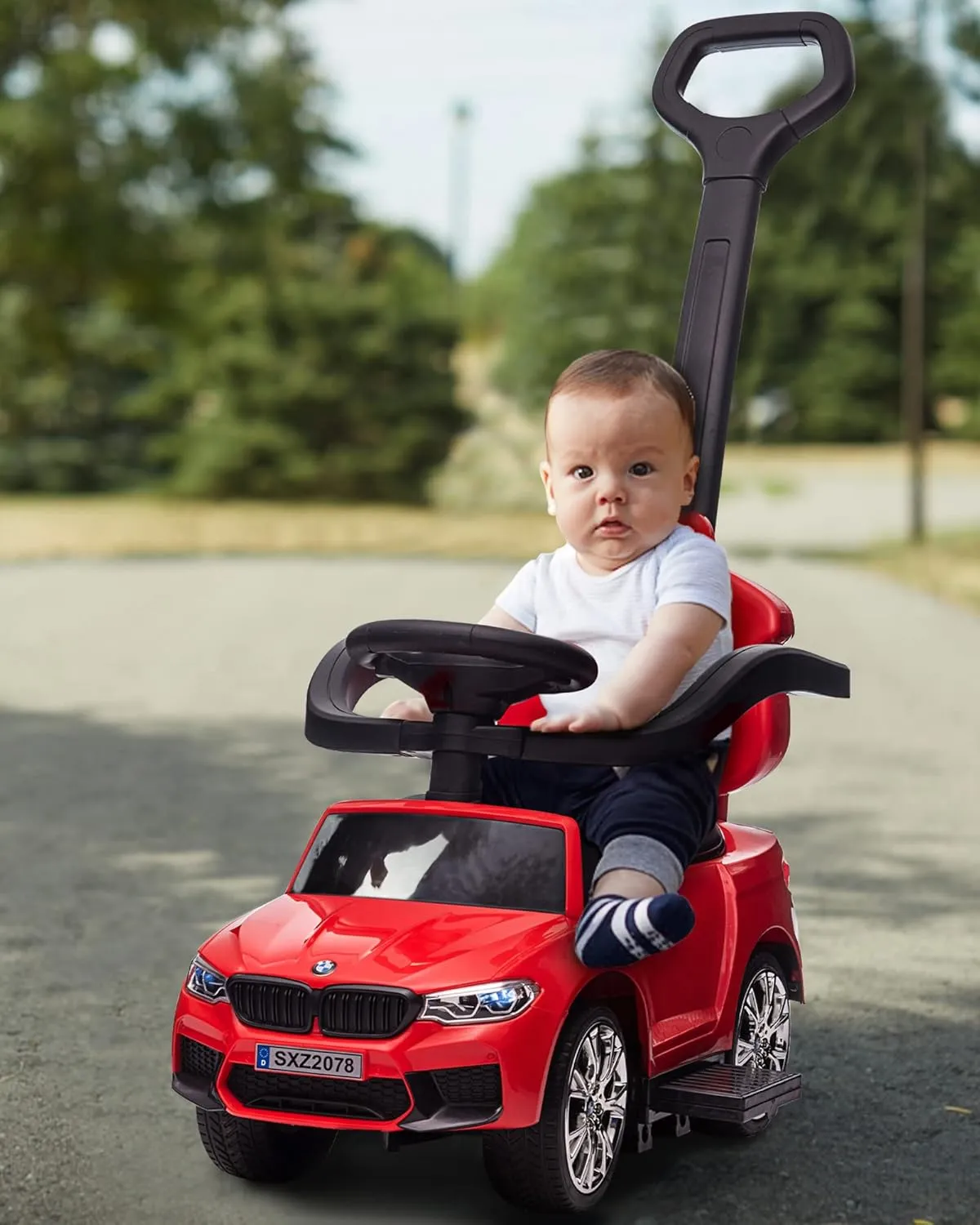 Push Car for Kids, Licensed M5 4-in-1 Push Pedal Ride on Car for Baby, Foot to Floor Sliding Ride-on with Push Bar, Leather Seat, LED Lights, Horn, Foot Rest & Rocking Chair Rails (RED)