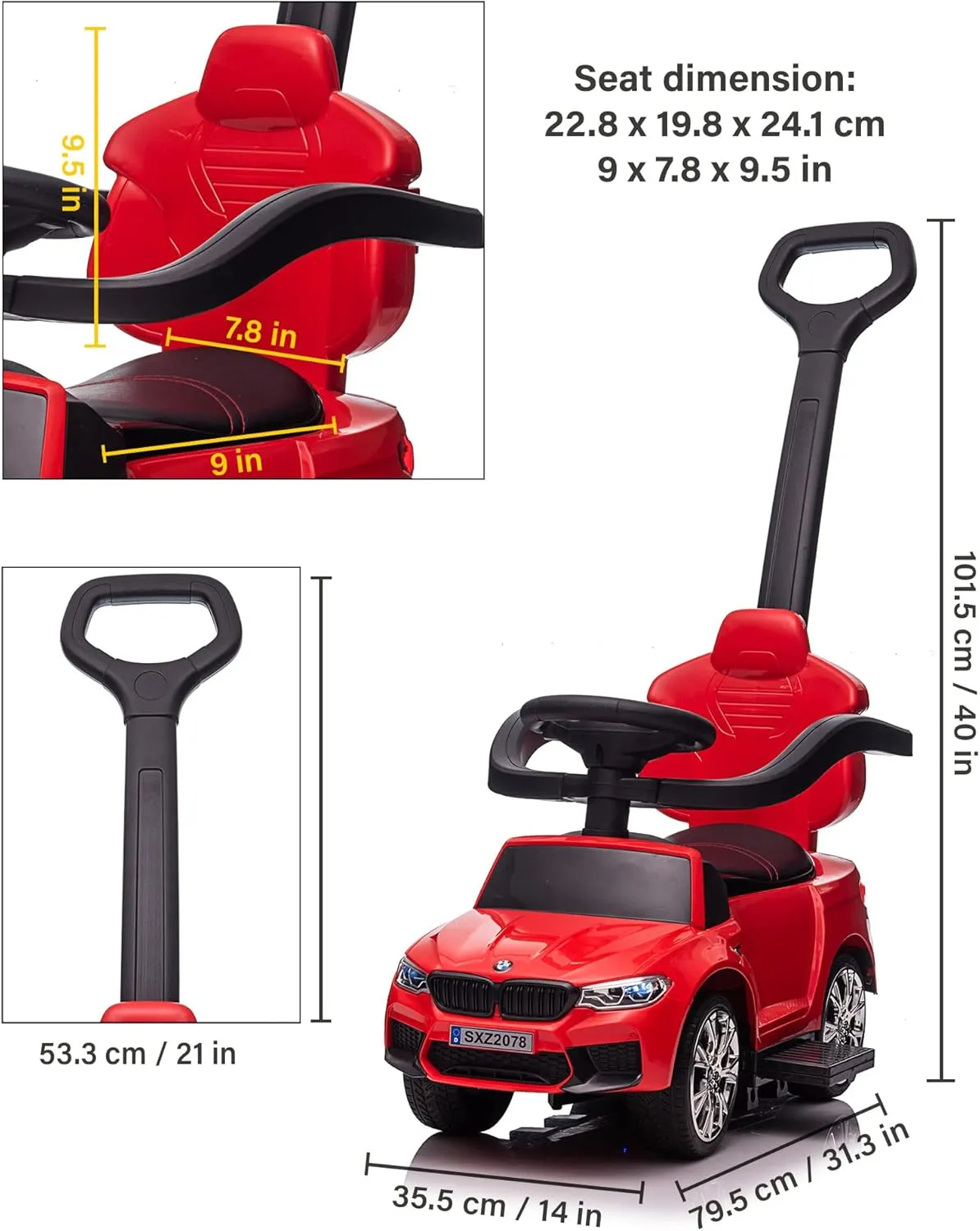 Push Car for Kids, Licensed M5 4-in-1 Push Pedal Ride on Car for Baby, Foot to Floor Sliding Ride-on with Push Bar, Leather Seat, LED Lights, Horn, Foot Rest & Rocking Chair Rails (RED)