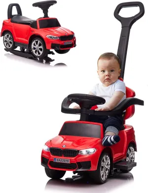 Push Car for Kids, Licensed M5 4-in-1 Push Pedal Ride on Car for Baby, Foot to Floor Sliding Ride-on with Push Bar, Leather Seat, LED Lights, Horn, Foot Rest & Rocking Chair Rails (RED)