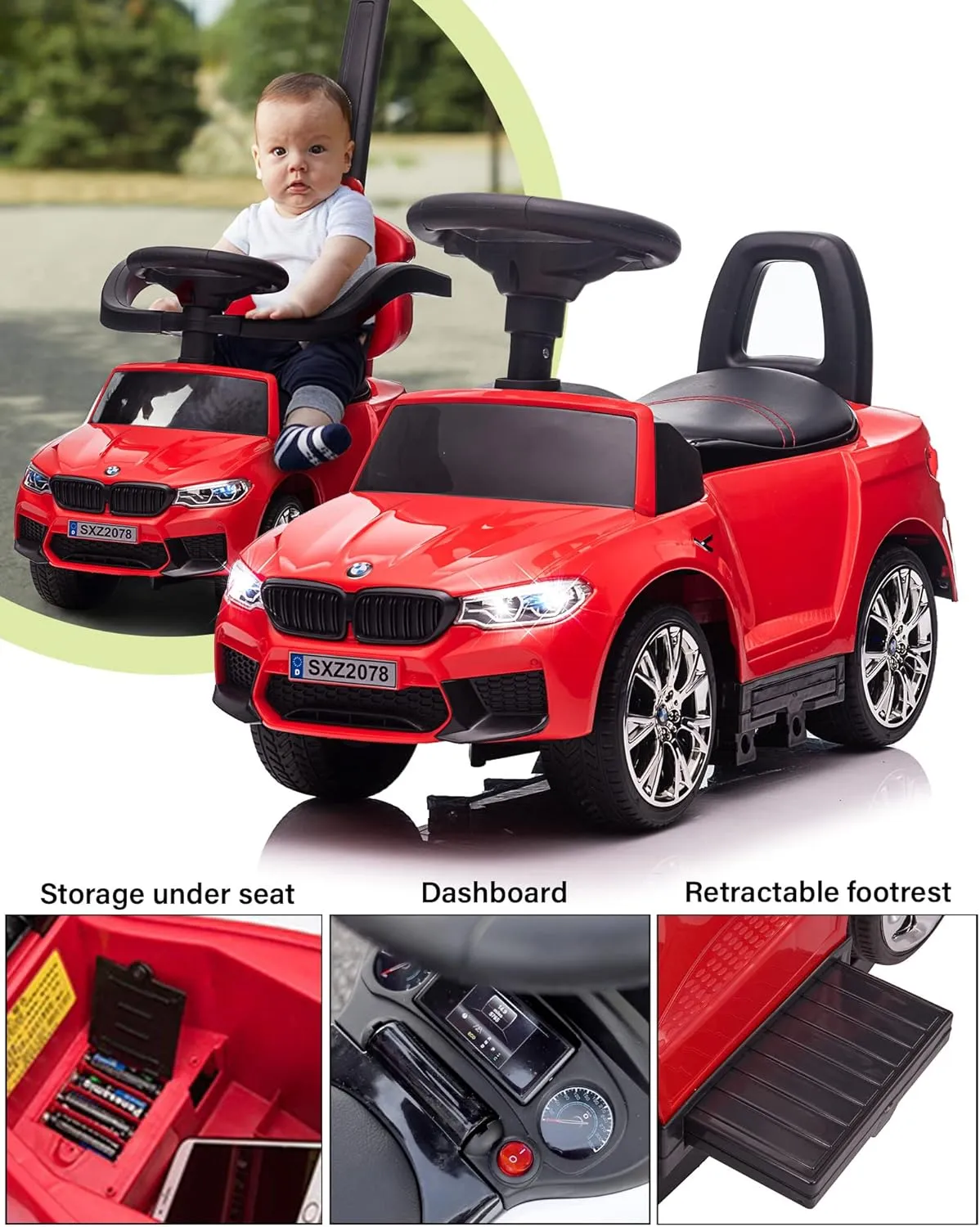 Push Car for Kids, Licensed M5 4-in-1 Push Pedal Ride on Car for Baby, Foot to Floor Sliding Ride-on with Push Bar, Leather Seat, LED Lights, Horn, Foot Rest & Rocking Chair Rails (RED)