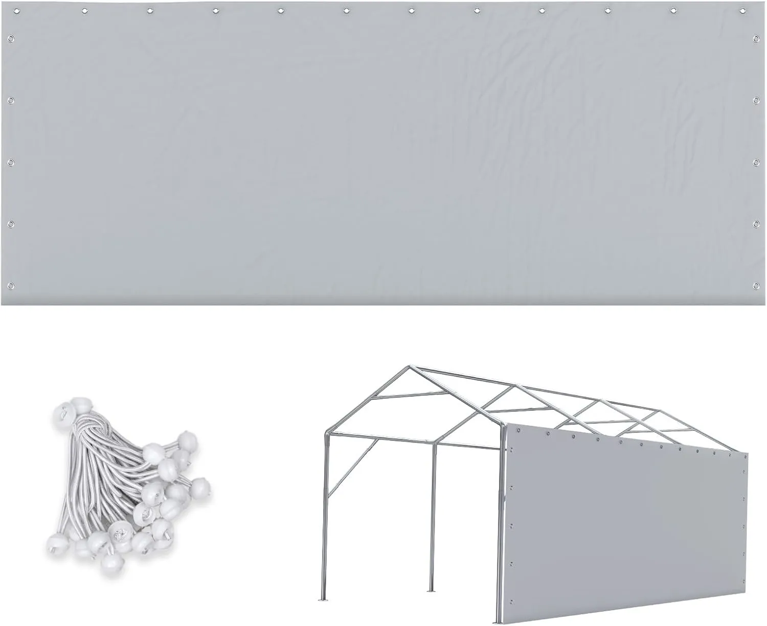 Quictent Carport Replacement Tarp Canopy Sidewall with Bungees Balls, for 10x20 ft or 12x20 ft Garage Party Tent Shelter - Gray, One Sidewll Panel Only