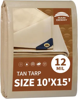RAINDEWAY 10x15 Feet Heavy Duty Tarp,12 Mil Tan Waterproof Poly Tarp Cover,UV Resistant,Weatherproof,Durable,Multipurpose Tarps with Grommets and Reinforced Edges