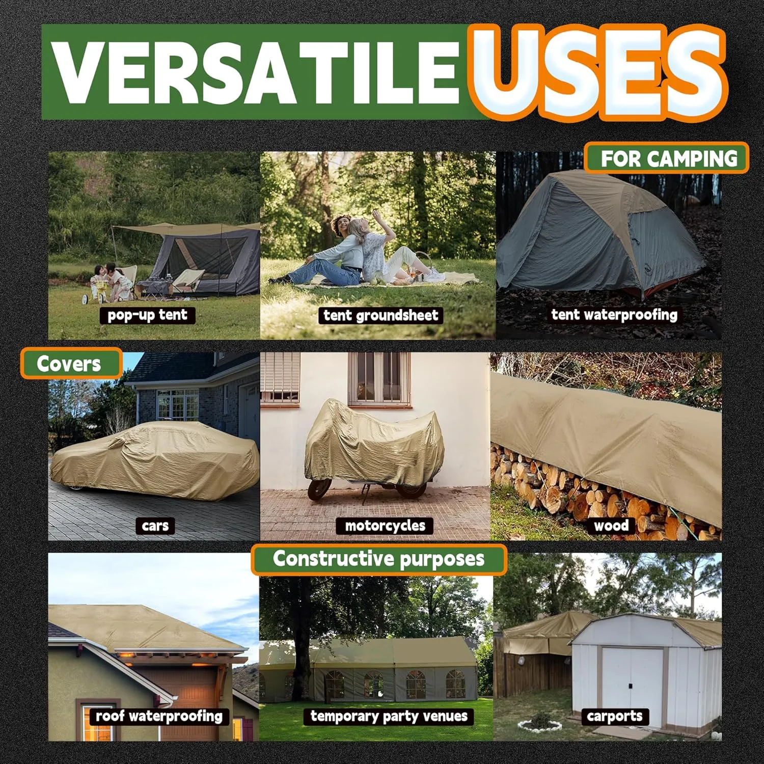 RAINDEWAY 10x15 Feet Heavy Duty Tarp,12 Mil Tan Waterproof Poly Tarp Cover,UV Resistant,Weatherproof,Durable,Multipurpose Tarps with Grommets and Reinforced Edges