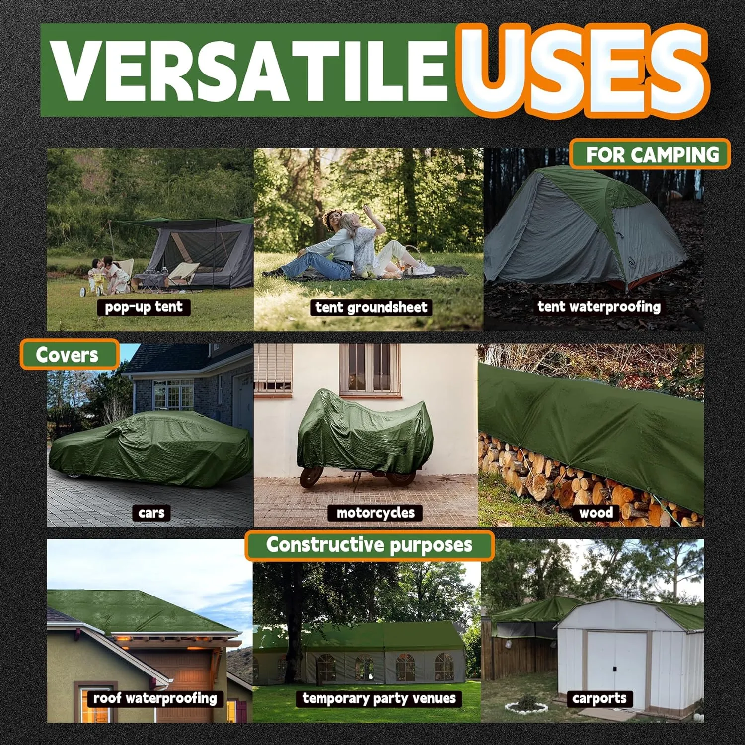 RAINDEWAY 12x12 Tarp Heavy Duty Waterproof,9Mil Thick,Large Tarps Multipurpose Poly Tarp Cover for Camping,Rain,Durable with Metal Grommets and Reinforced Edges,Finished Size Green/Black