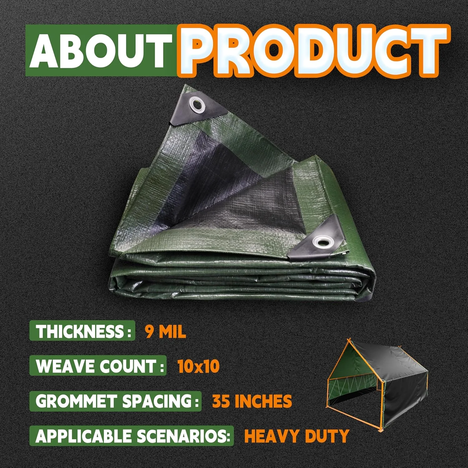 RAINDEWAY 12x12 Tarp Heavy Duty Waterproof,9Mil Thick,Large Tarps Multipurpose Poly Tarp Cover for Camping,Rain,Durable with Metal Grommets and Reinforced Edges,Finished Size Green/Black