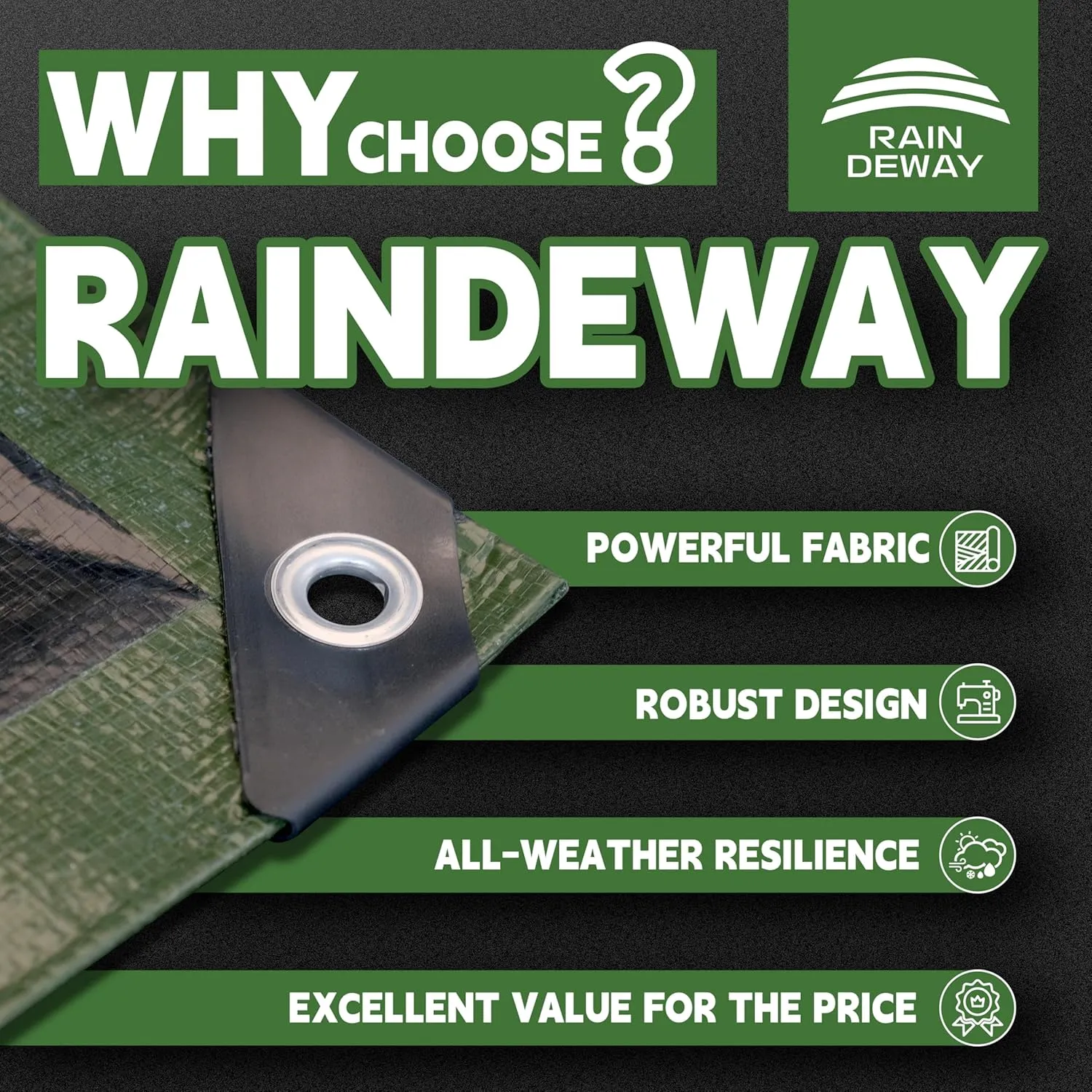 RAINDEWAY 12x12 Tarp Heavy Duty Waterproof,9Mil Thick,Large Tarps Multipurpose Poly Tarp Cover for Camping,Rain,Durable with Metal Grommets and Reinforced Edges,Finished Size Green/Black