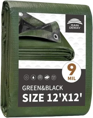 RAINDEWAY 12x12 Tarp Heavy Duty Waterproof,9Mil Thick,Large Tarps Multipurpose Poly Tarp Cover for Camping,Rain,Durable with Metal Grommets and Reinforced Edges,Finished Size Green/Black