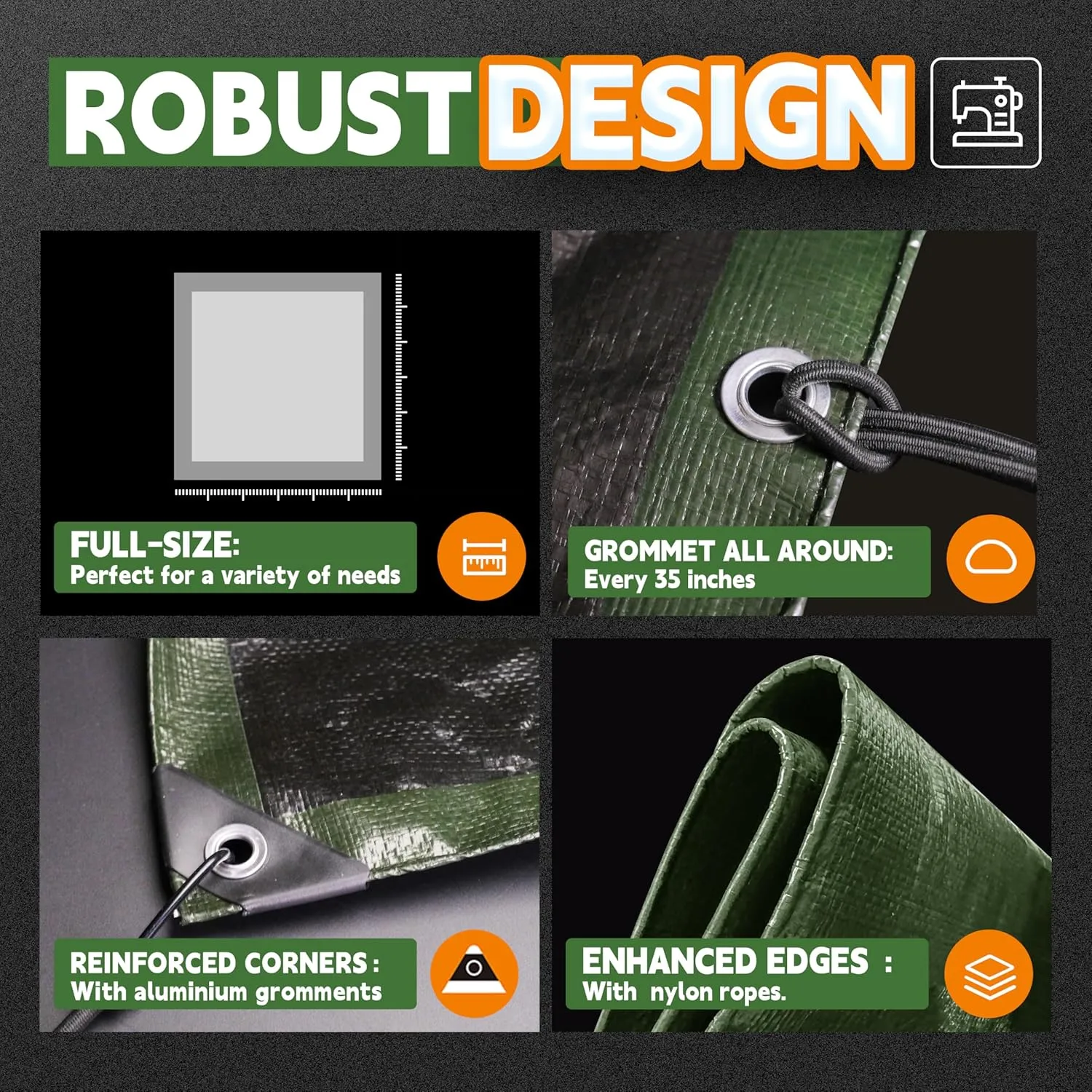 RAINDEWAY 12x12 Tarp Heavy Duty Waterproof,9Mil Thick,Large Tarps Multipurpose Poly Tarp Cover for Camping,Rain,Durable with Metal Grommets and Reinforced Edges,Finished Size Green/Black