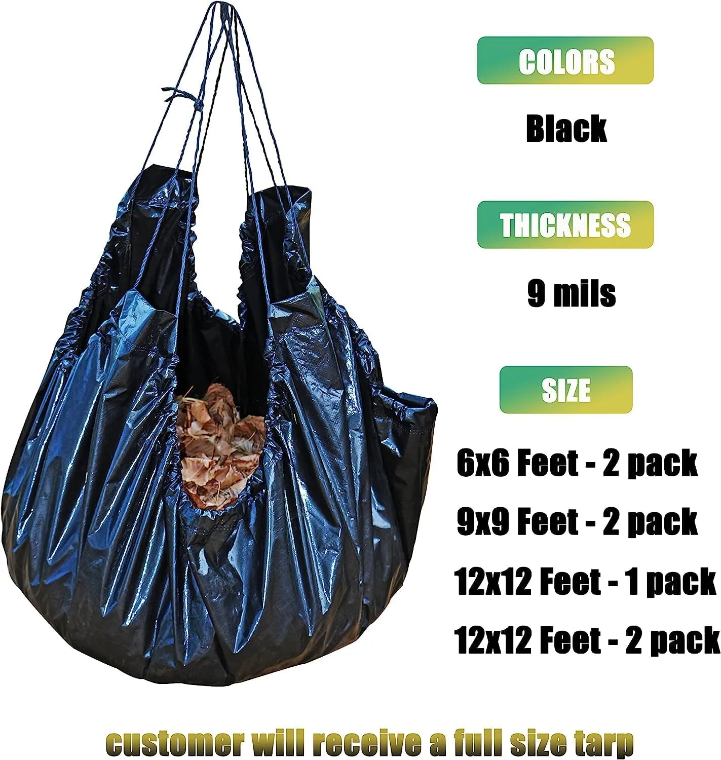 RAINDEWAY Drawstring Yard Tarp - 10x12 Feet, Black Poly, Reusable Lawn Garden Tarp Bag