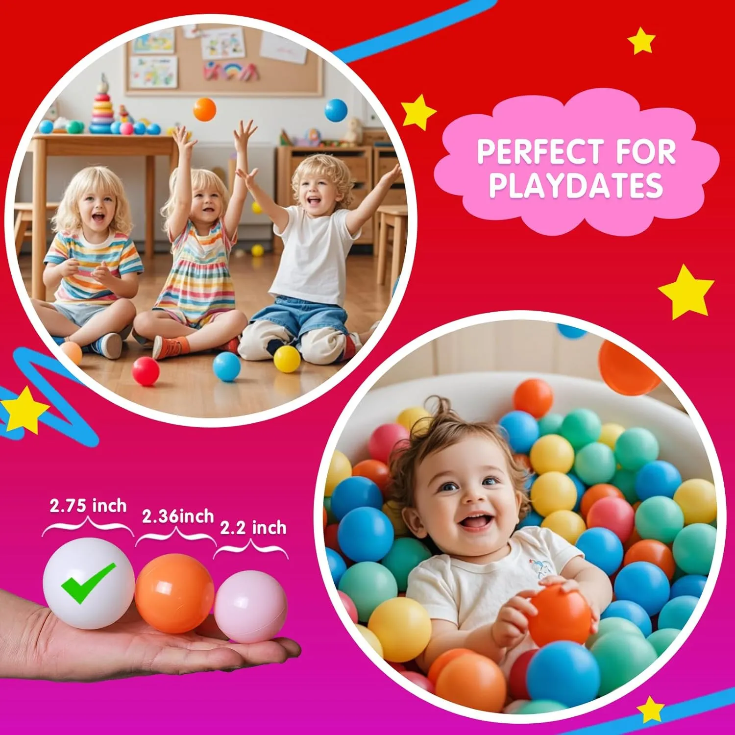 Realhaha Ball Pit Balls 100 Play Balls Plastic Balls for Baby Girls Toddlers Kids Play Tent Pool Playhouse Playpen Party Decoration 2.2 2.36 2.75 Inch
