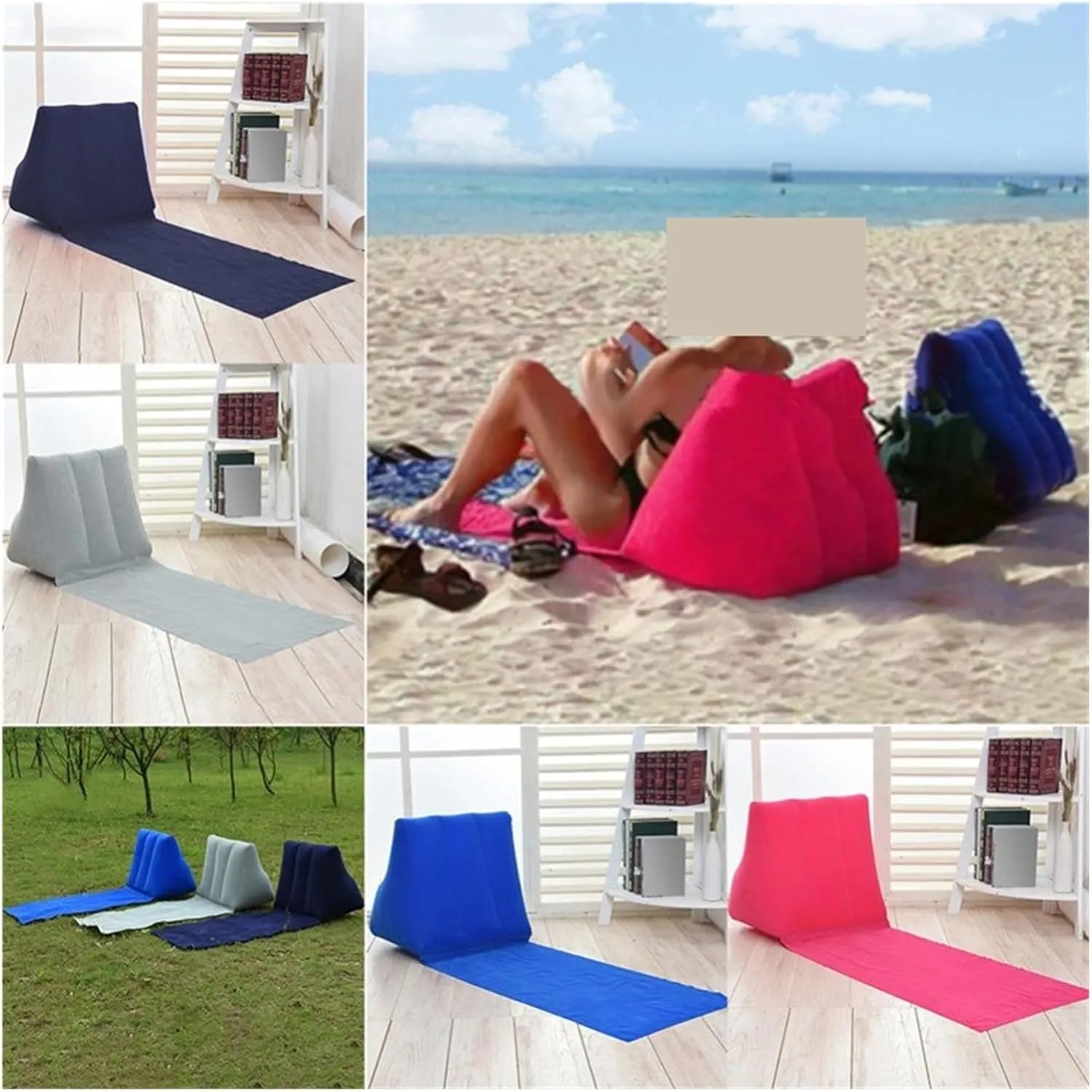 Recliner Inflatable Beach Lounger Foldable Soft Inflatable Beach Mat Festival Camping Leisure Lounger Back Pillow Cushion Chair Fit for Seat Air Portable (Color : Blue)