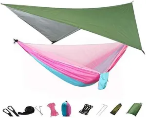 Recreation Camping Hammock with Mosquito Net and Rain Fly Tarp,Portable Parachute Tree Hammock Nylon Swing Hammocks Sun Shelter Rain Fly Gifts for Hikers