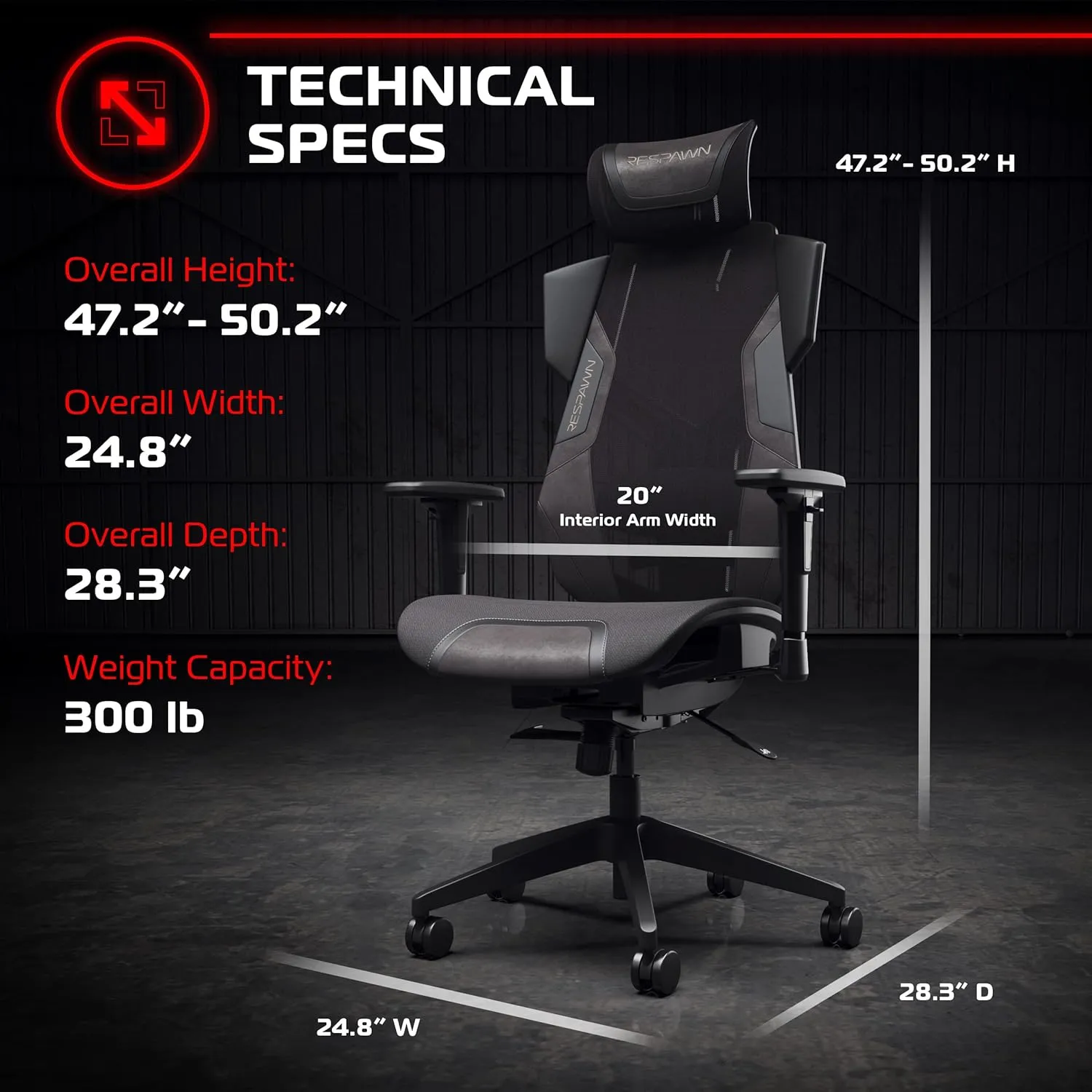 RESPAWN FLEXX Mesh Gaming Chair With Lumbar Support, Ergonomic Gaming Chair with Recline/Tilt Tension Controls, Adjustable Arms, 300lb Max Weight With Wheels for Computer/Desk/Office - Black