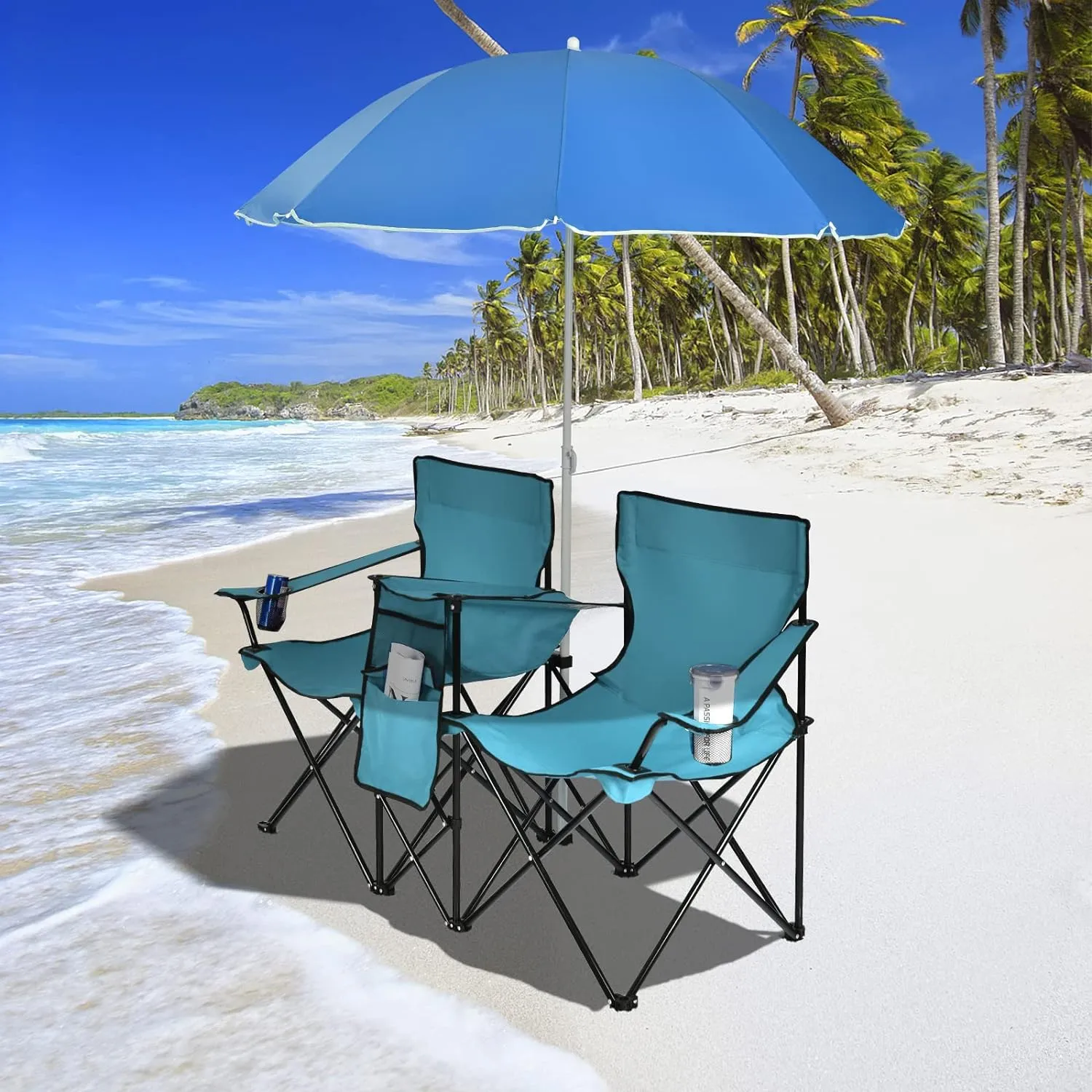 ReunionG Double Folding Camping Chairs, Portable Beach Chairs with Removable Umbrella & Mini Table Carrying Bag, Outdoor Lawn Chairs for Picnic, Patio, Pool, Park (Turquoise)