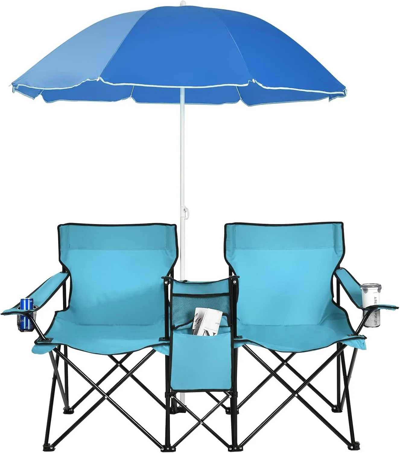 ReunionG Double Folding Camping Chairs, Portable Beach Chairs with Removable Umbrella & Mini Table Carrying Bag, Outdoor Lawn Chairs for Picnic, Patio, Pool, Park (Turquoise)
