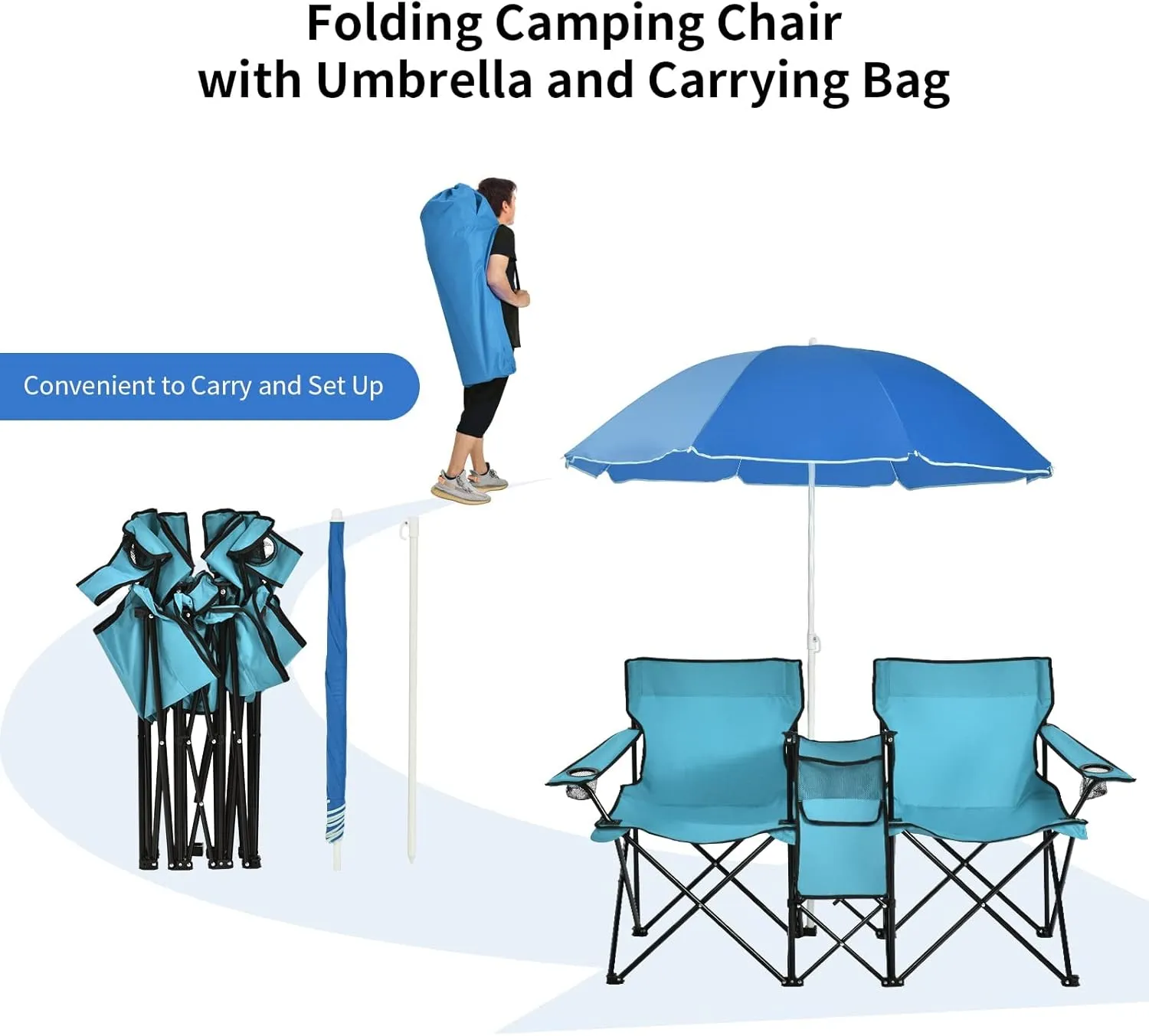 ReunionG Double Folding Camping Chairs, Portable Beach Chairs with Removable Umbrella & Mini Table Carrying Bag, Outdoor Lawn Chairs for Picnic, Patio, Pool, Park (Turquoise)