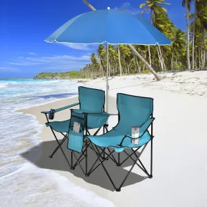 ReunionG Double Folding Camping Chairs, Portable Beach Chairs with Removable Umbrella & Mini Table Carrying Bag, Outdoor Lawn Chairs for Picnic, Patio, Pool, Park (Turquoise)
