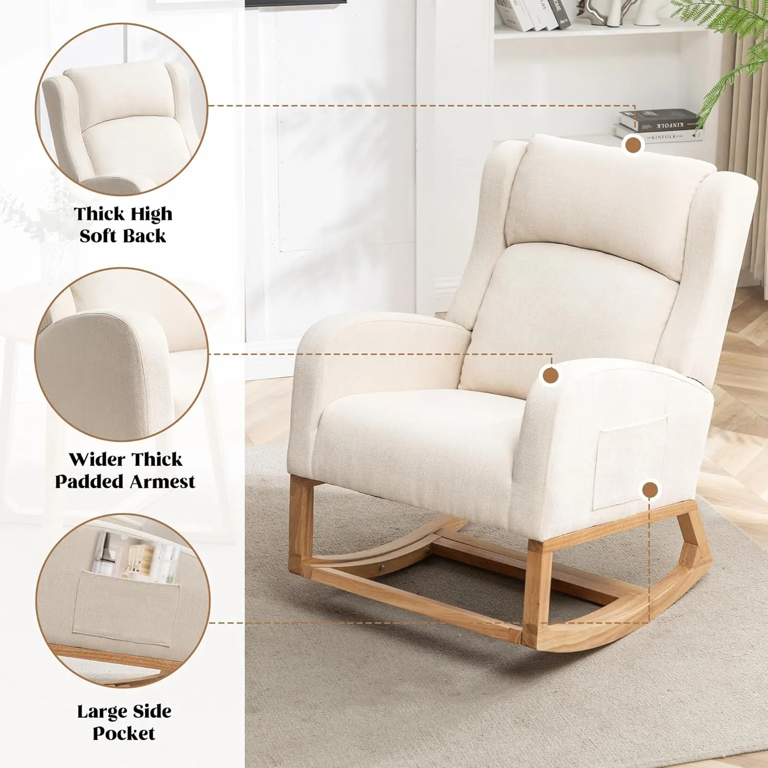 Rocking Chair Nursery, Nursing Rocking Chairs with Foot Rest for Mom Nursery, Comfy Wingback Glider Rocking Armchair with Side Pocket for Nursery Living Room Bedroom, Beige