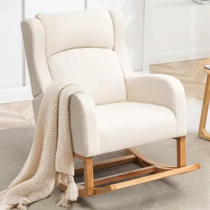 Rocking Chair Nursery, Nursing Rocking Chairs with Foot Rest for Mom Nursery, Comfy Wingback Glider Rocking Armchair with Side Pocket for Nursery Living Room Bedroom, Beige
