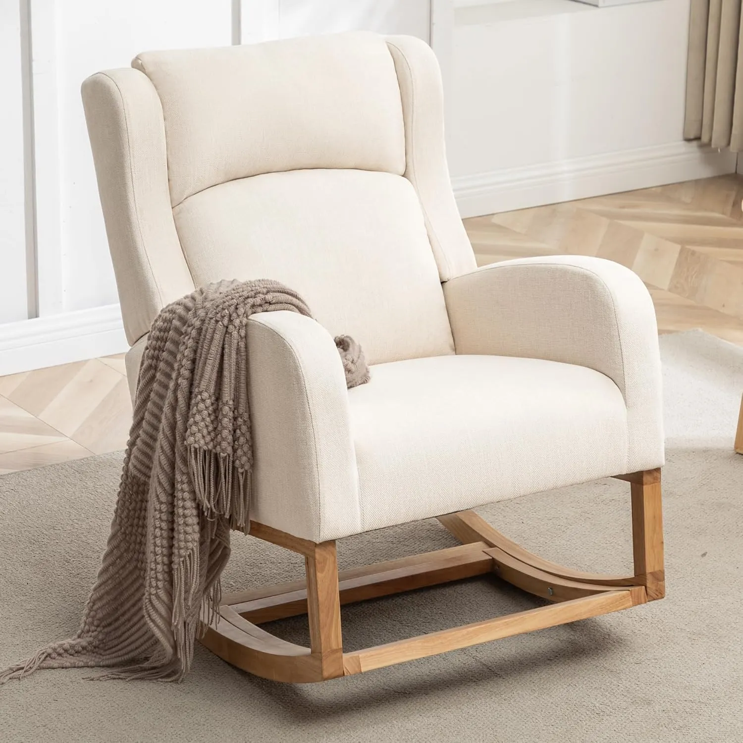 Rocking Chair Nursery, Nursing Rocking Chairs with Foot Rest for Mom Nursery, Comfy Wingback Glider Rocking Armchair with Side Pocket for Nursery Living Room Bedroom, Beige