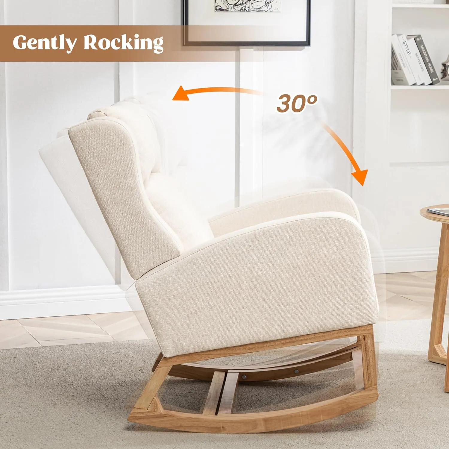 Rocking Chair Nursery, Nursing Rocking Chairs with Foot Rest for Mom Nursery, Comfy Wingback Glider Rocking Armchair with Side Pocket for Nursery Living Room Bedroom, Beige