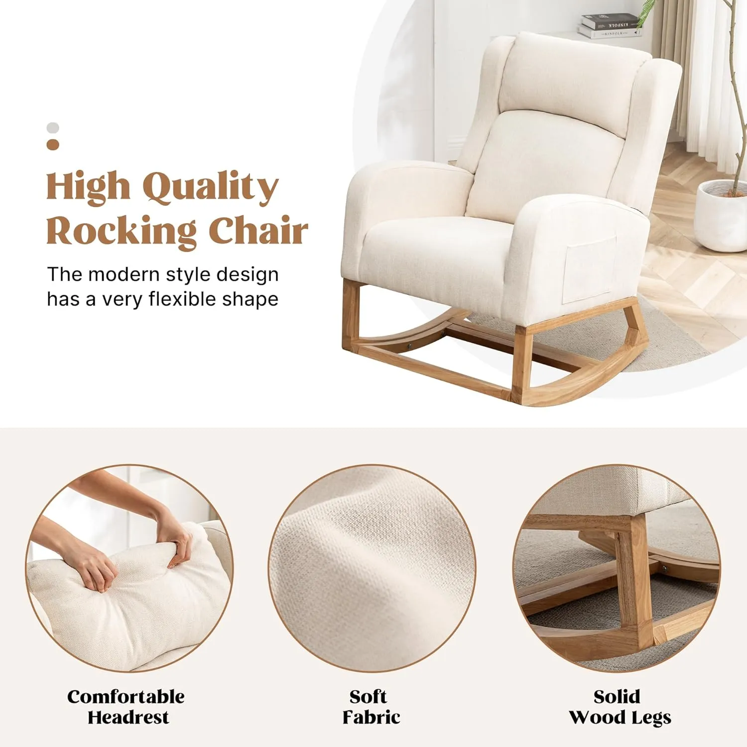 Rocking Chair Nursery, Nursing Rocking Chairs with Foot Rest for Mom Nursery, Comfy Wingback Glider Rocking Armchair with Side Pocket for Nursery Living Room Bedroom, Beige