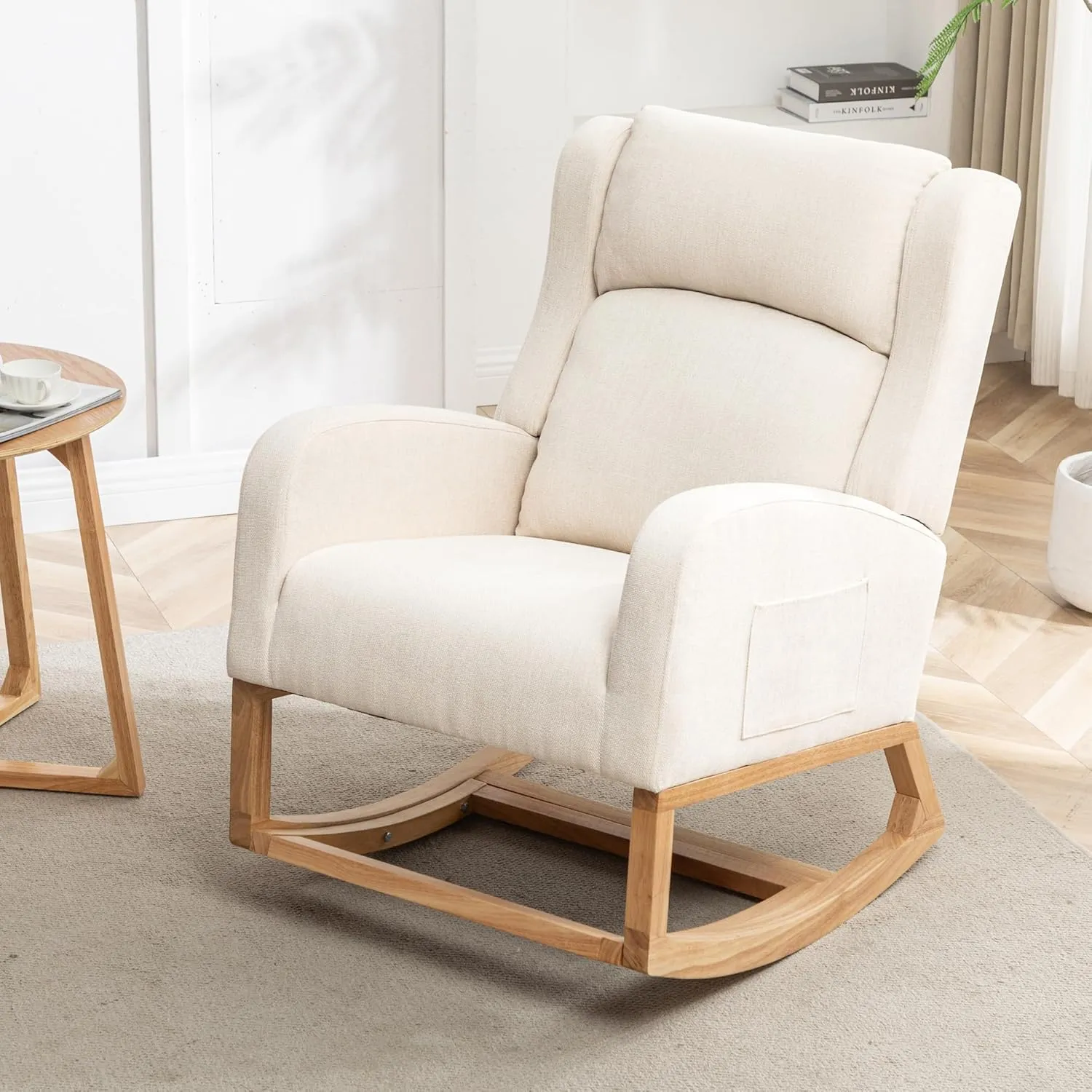 Rocking Chair Nursery, Nursing Rocking Chairs with Foot Rest for Mom Nursery, Comfy Wingback Glider Rocking Armchair with Side Pocket for Nursery Living Room Bedroom, Beige