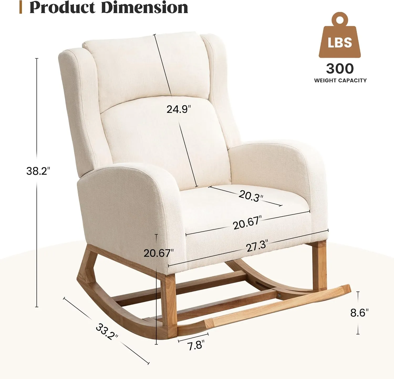 Rocking Chair Nursery, Nursing Rocking Chairs with Foot Rest for Mom Nursery, Comfy Wingback Glider Rocking Armchair with Side Pocket for Nursery Living Room Bedroom, Beige