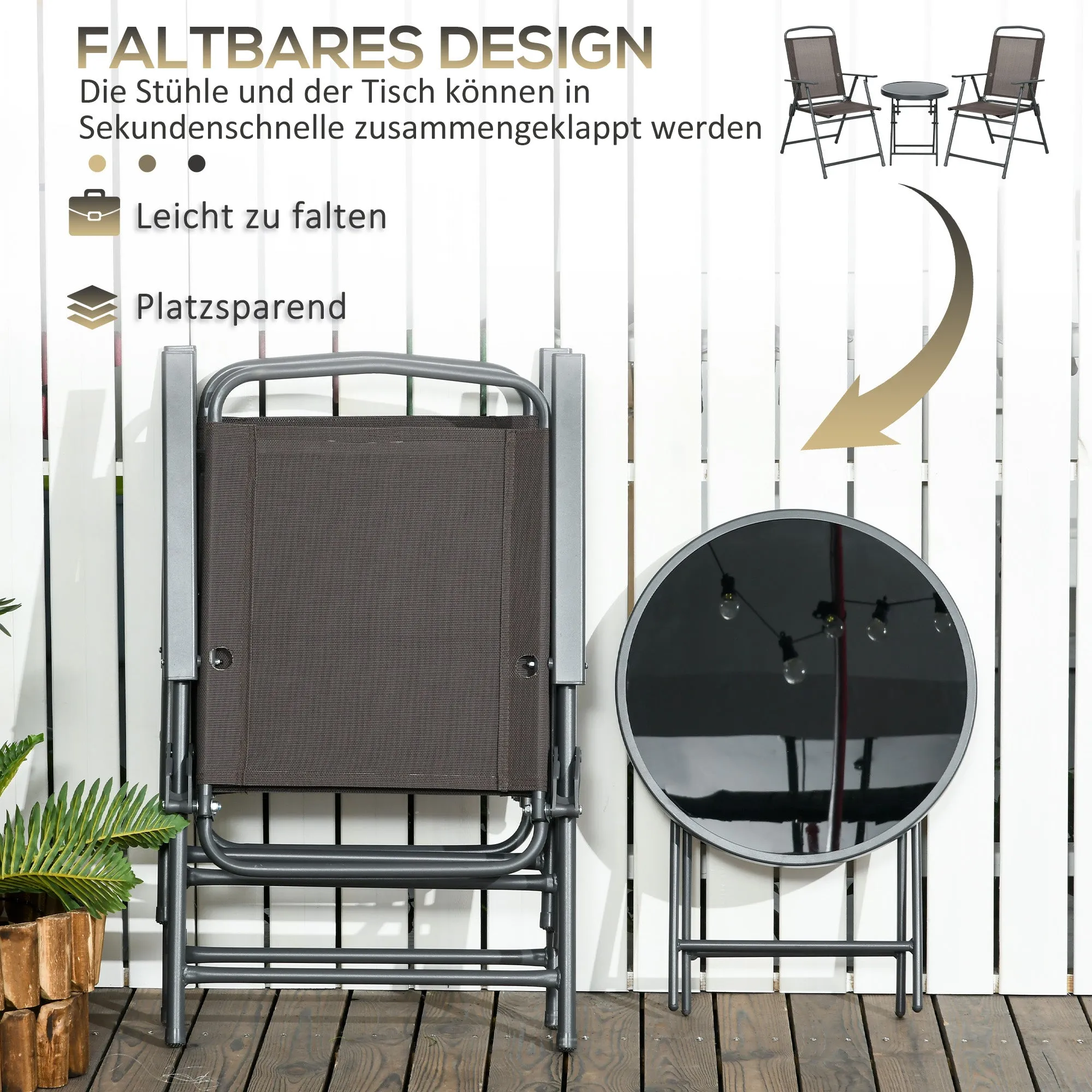 Rootz 3-Piece Bistro Set - Metal Garden Furniture - Weatherproof Patio Set - Foldable Design - Table Ø45x50cm, Chair 53.5x64x93cm