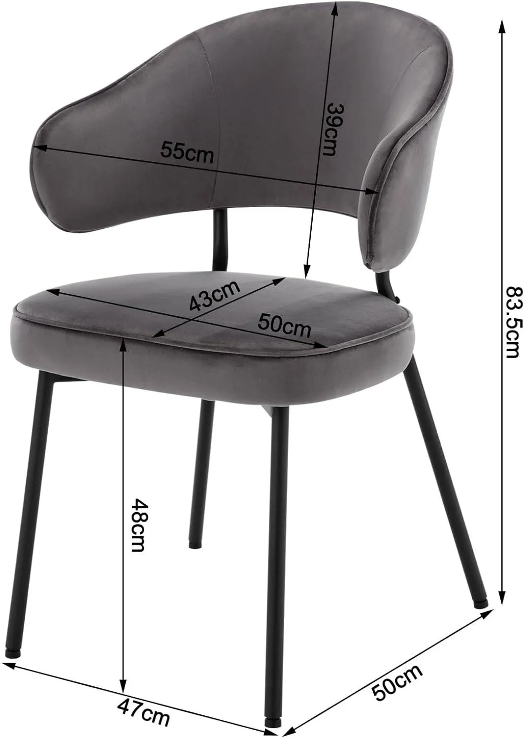 Rootz Dining Chair - Kitchen Chair - Balcony Chair - Velvet / Metal - Ergonomic Support - 54cm x 83.5cm x 52cm
