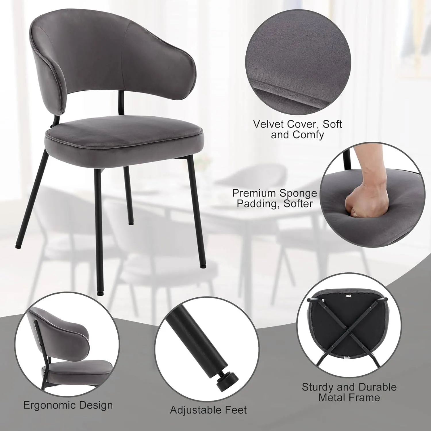 Rootz Dining Chair - Kitchen Chair - Balcony Chair - Velvet / Metal - Ergonomic Support - 54cm x 83.5cm x 52cm