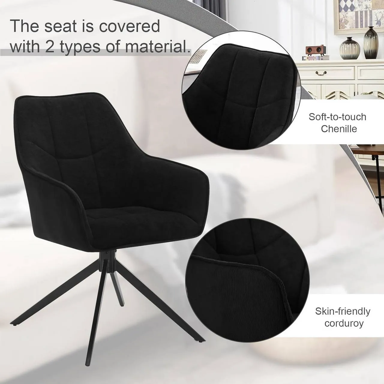 Rootz Dining Chair Set - Swivel Chair - Padded Armchair - Ergonomic Design - 58cm x 86cm x 63.5cm - Dark Gray - Black - 150kg Capacity