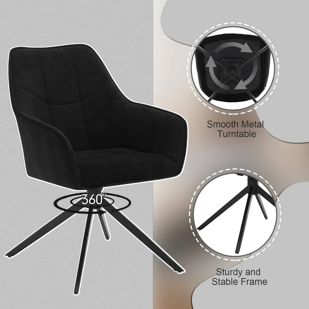 Rootz Dining Chair Set - Swivel Chair - Padded Armchair - Ergonomic Design - 58cm x 86cm x 63.5cm - Dark Gray - Black - 150kg Capacity