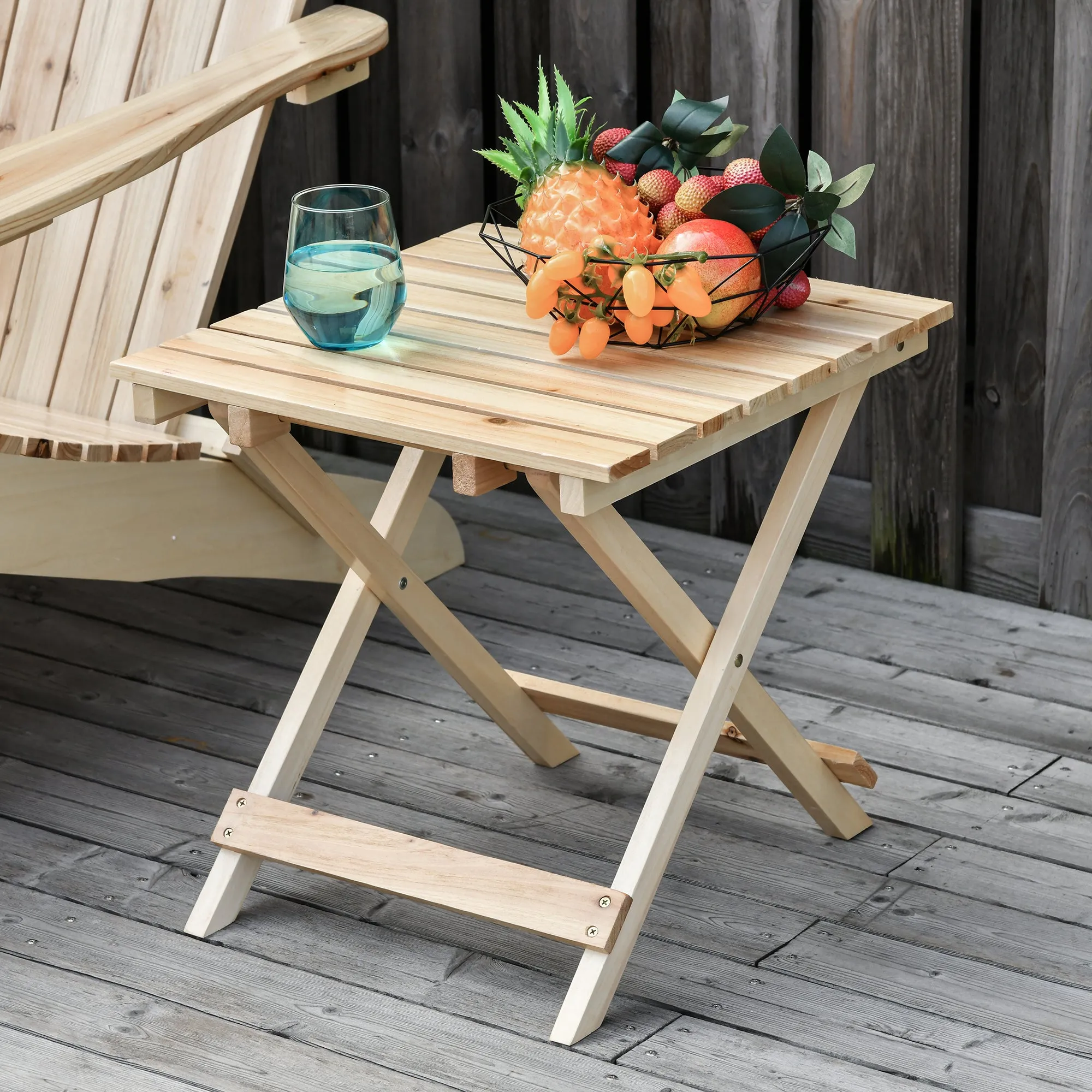 Rootz Garden Chair Adirondack - Foldable Patio Seat - Fir Wood Lounger - Elegance & Comfort - 74x90x95cm Chair, 45x45x44.5cm Table