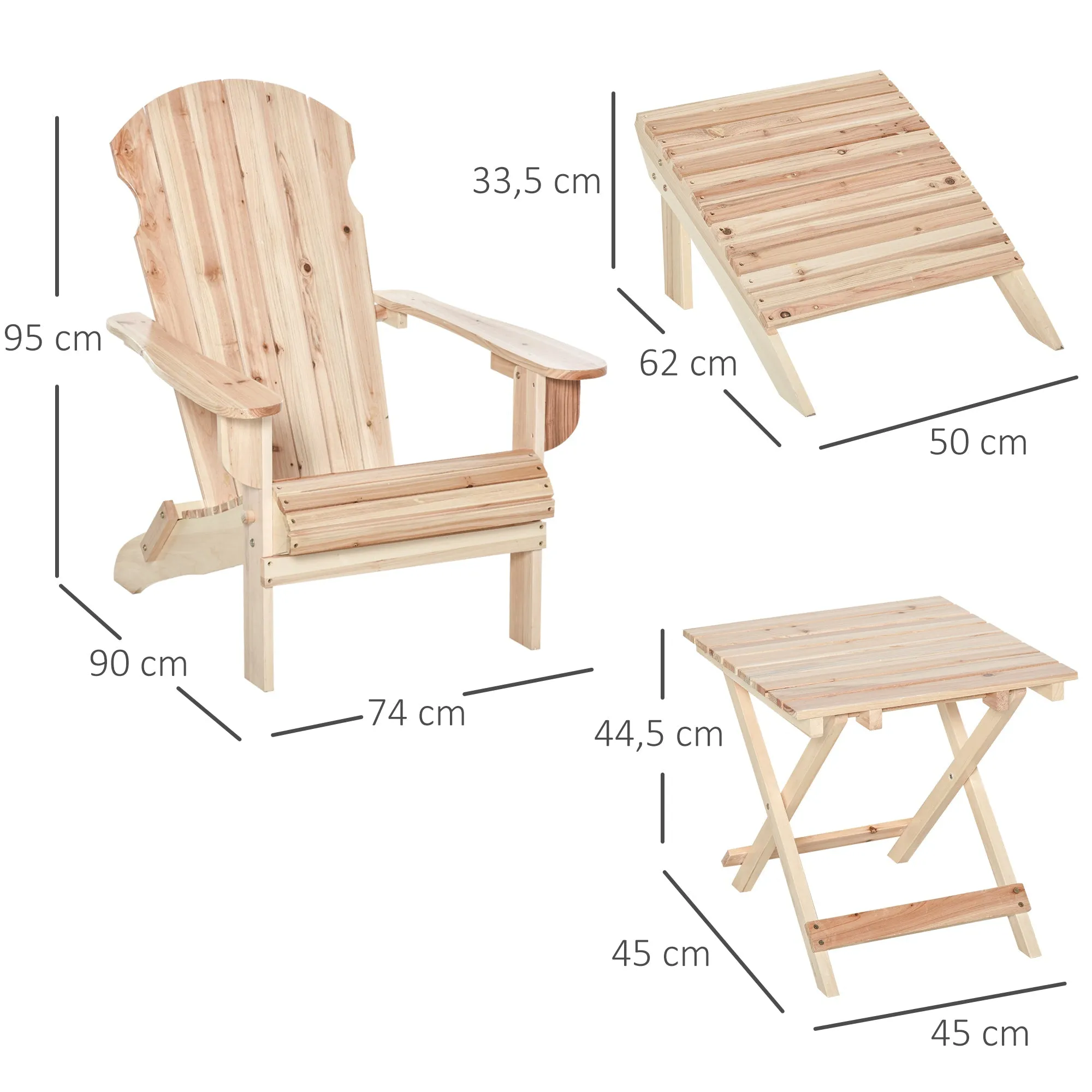 Rootz Garden Chair Adirondack - Foldable Patio Seat - Fir Wood Lounger - Elegance & Comfort - 74x90x95cm Chair, 45x45x44.5cm Table