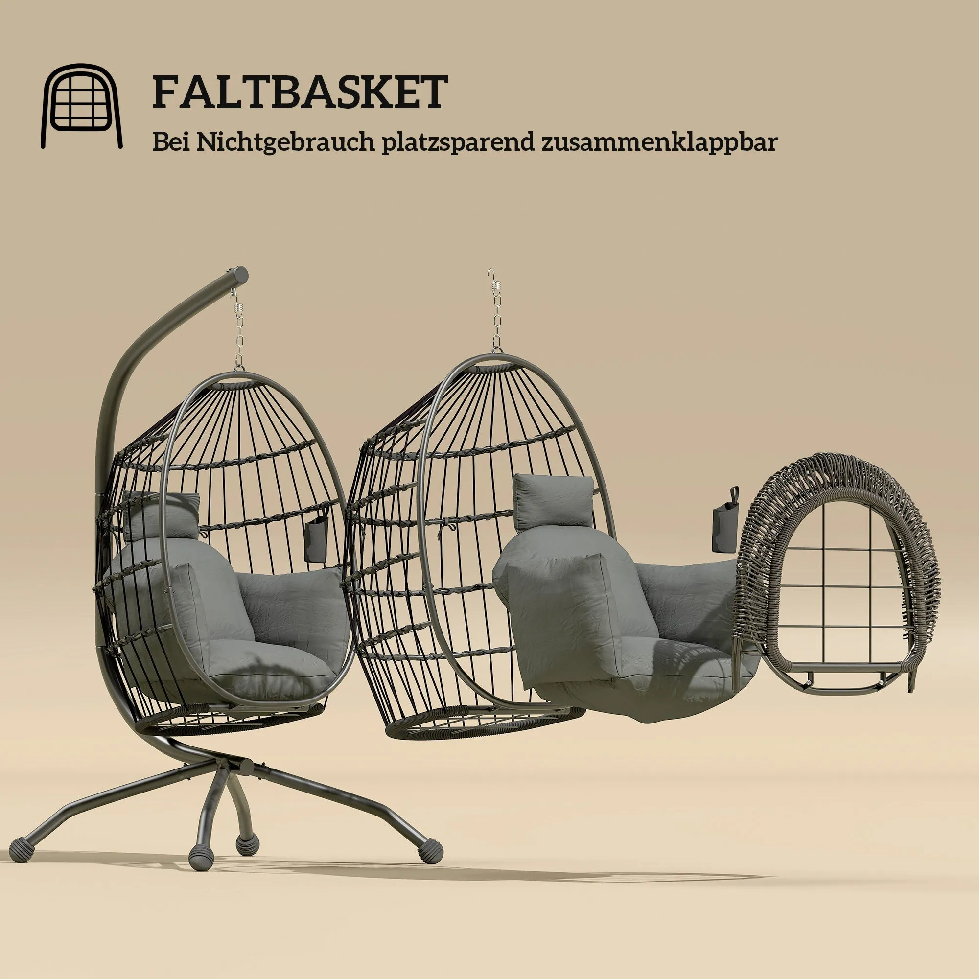 Rootz Hanging Outdoor Swing Chair - Foldable Basket Seat - Egg Chair - Comfort with Cup Holder - 120cm x 88cm x 192cm